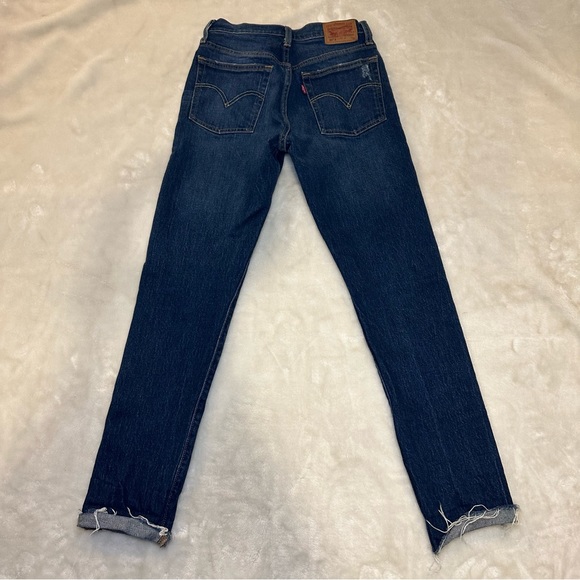 Levi's 501 Original Fit High Waist Distressed Raw Hem Dark Denim Jeans Size 25 - Picture 6 of 16